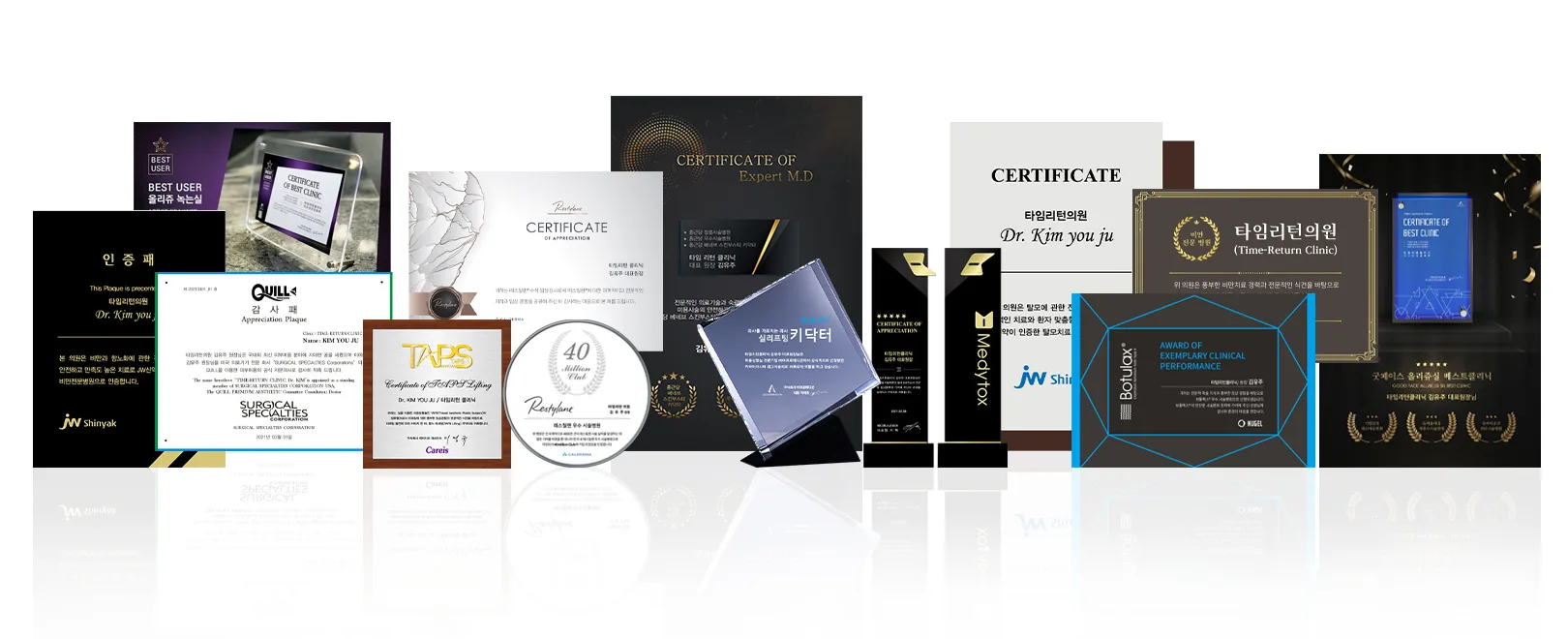 Key-doctor plaques and certificates held by Time Return Clinic, including Restylane, Medytox, Hugel, Quill, TAPS and JW Shinyak