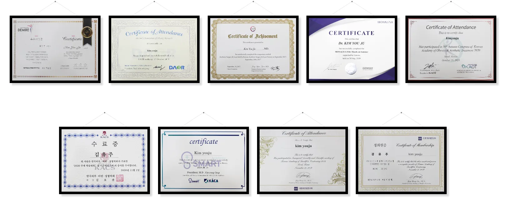 Training and academic certificates of Dr. Kim Yoo-ju displayed at Time Return Clinic