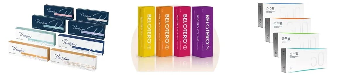 Restylane, Belotero and Soon Soo Fill hyaluronic acid filler packages used at Time Return Clinic