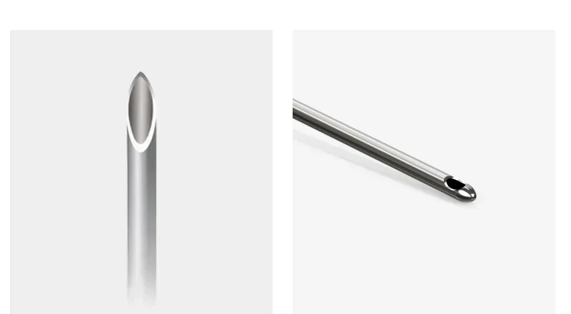 Conventional sharp needle tip next to the thin rounded-tip cannula used for filler at Time Return Clinic