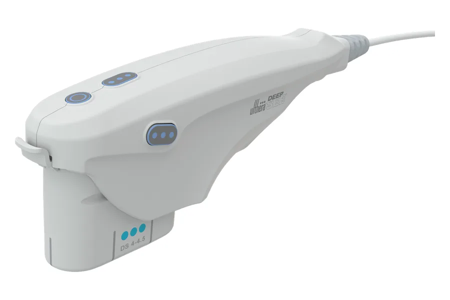 Ulthera handpiece with a DeepSEE transducer, the part that delivers focused ultrasound